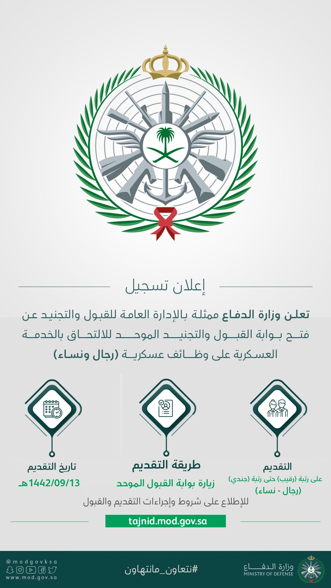 وظائف وزارة الدفاع السعودية 1442 tajnidreg mod gov sa موعد التسجيل رجال ونساء